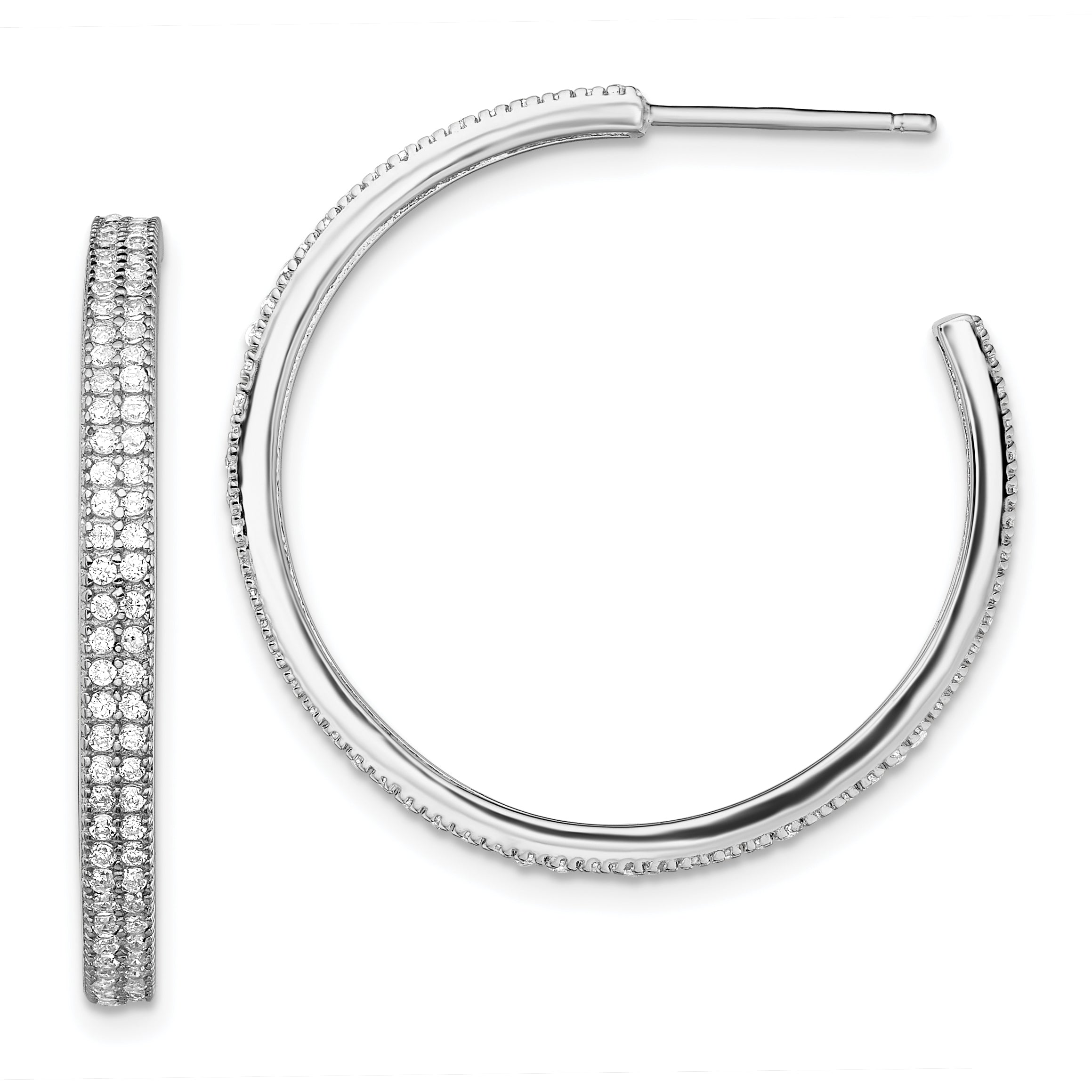 Sterling Silver Rhodium-plated CZ 30x3mm Hoop Earrings