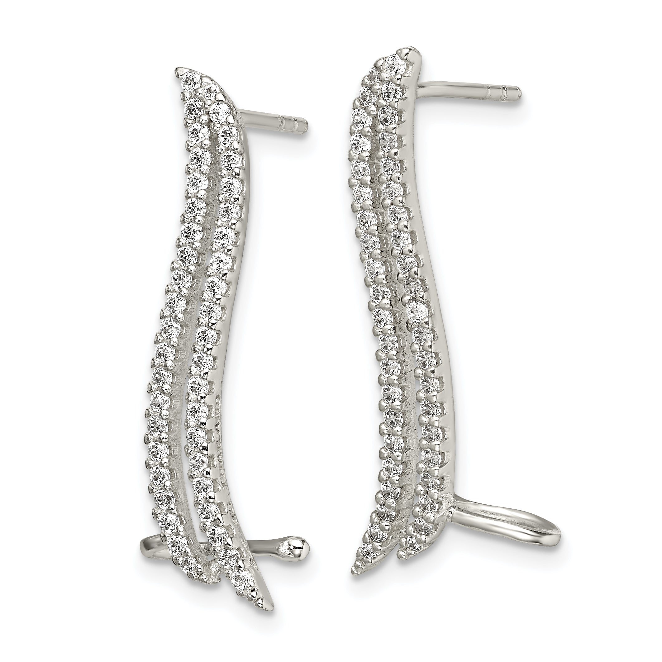 Sterling Silver Polished CZ Double Row Post & Cuff Ear Climber Earrings