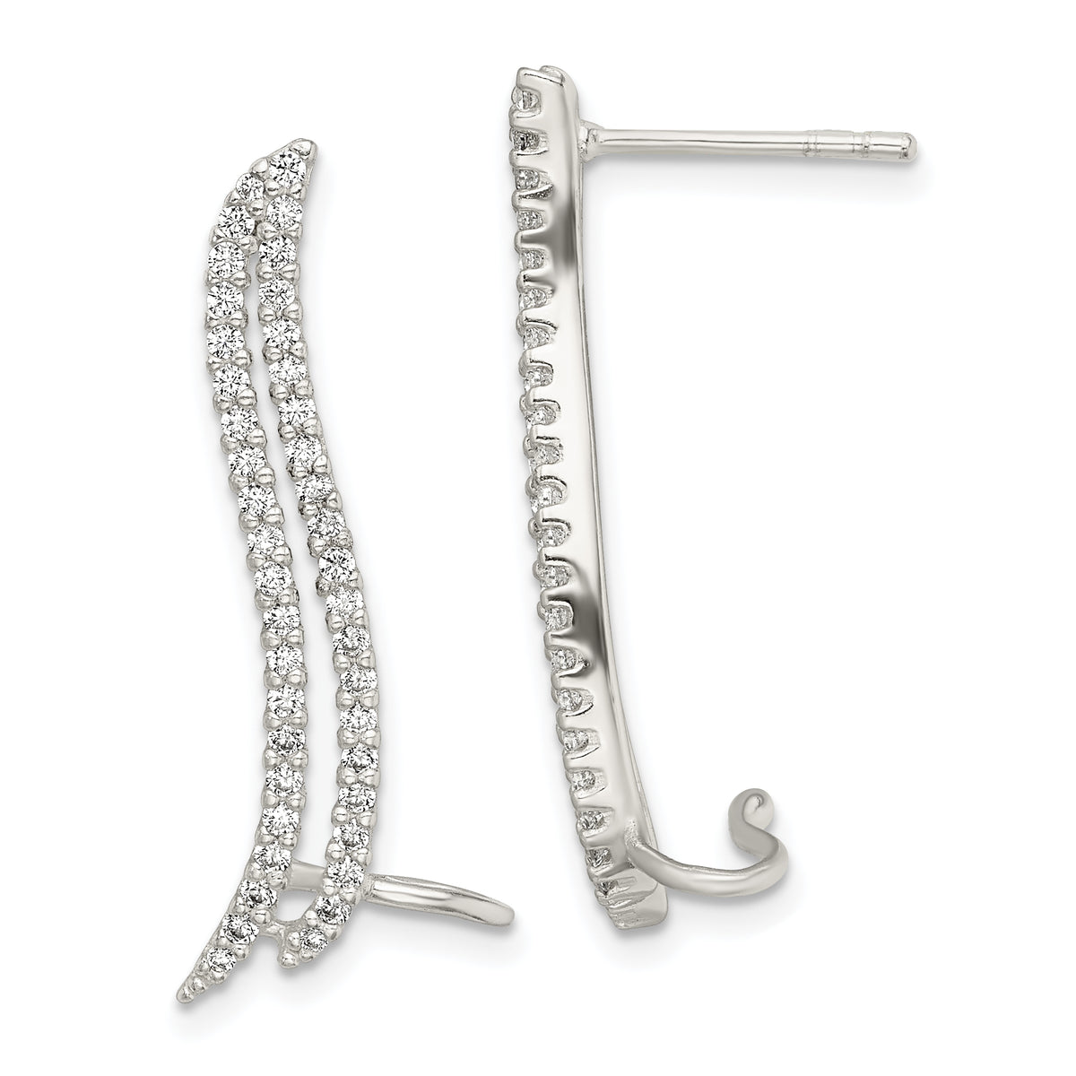 Sterling Silver Polished CZ Double Row Post & Cuff Ear Climber Earrings