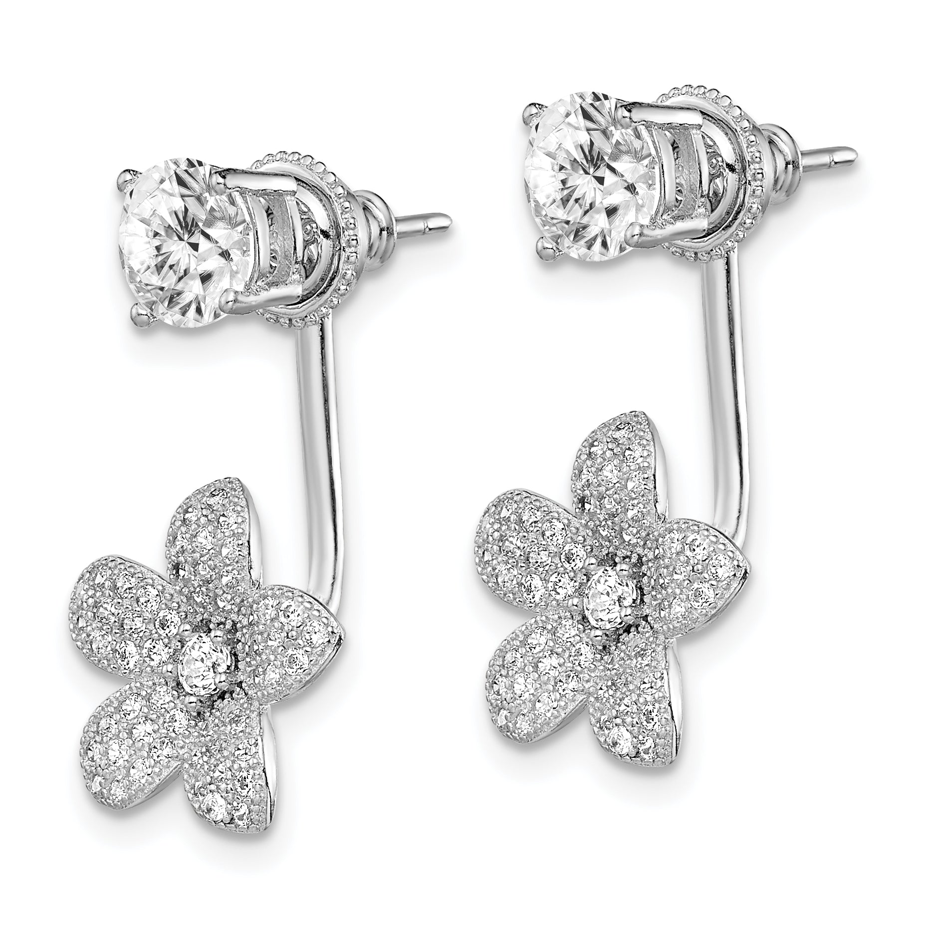 Sterling Silver Rhodium-plated CZ Studs w/CZ Flower Jacket Earrings