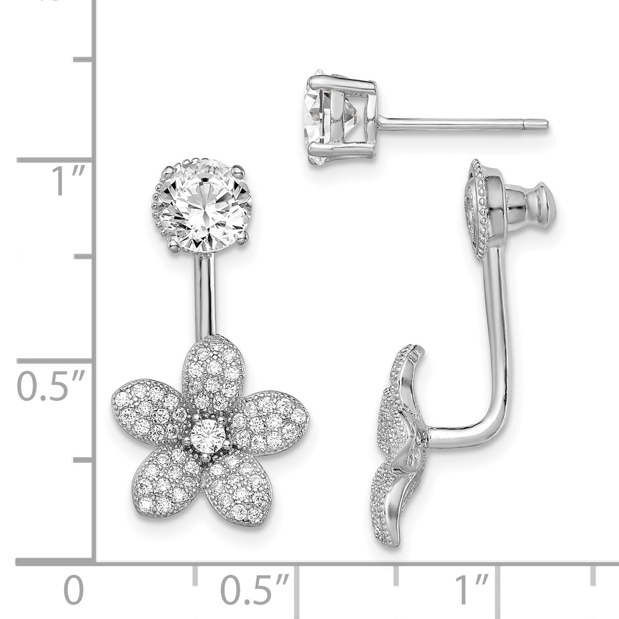 Sterling Silver Rhodium-plated CZ Studs w/CZ Flower Jacket Earrings