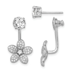 Sterling Silver Rhodium-plated CZ Studs w/CZ Flower Jacket Earrings