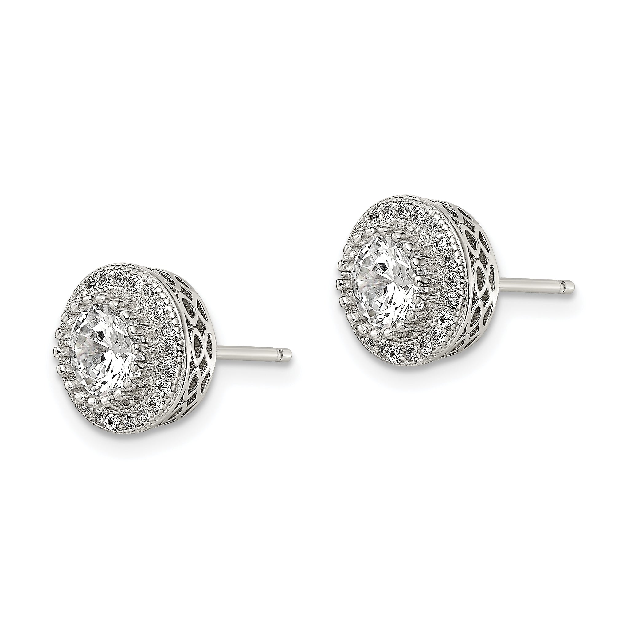 Sterling Silver Rhod-plated Polished Pav‚ CZ Halo Round Post Earrings