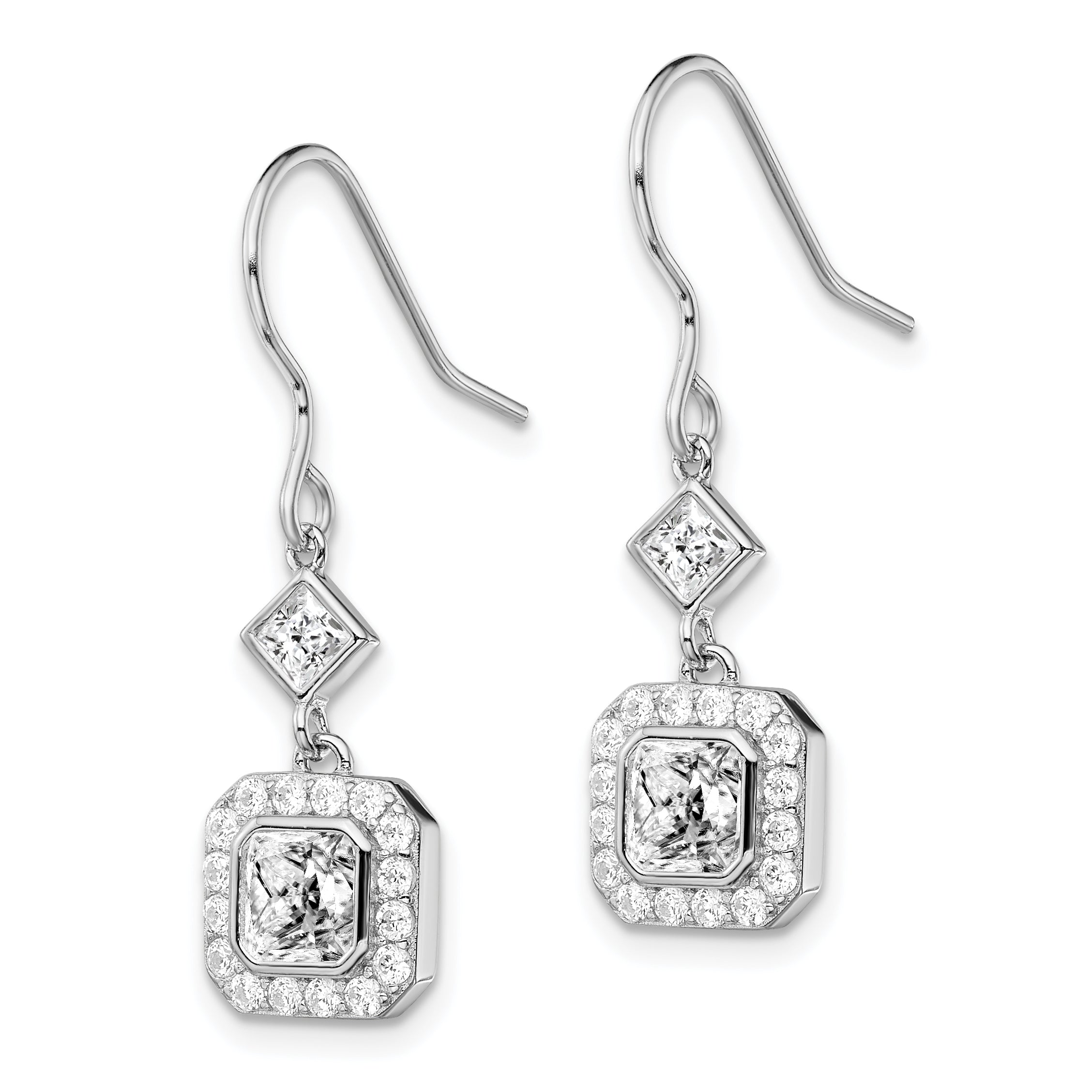 Sterling Silver Rhodium-plated Polished Square CZ Halo Dangle Earrings