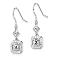 Sterling Silver Rhodium-plated Polished Square CZ Halo Dangle Earrings