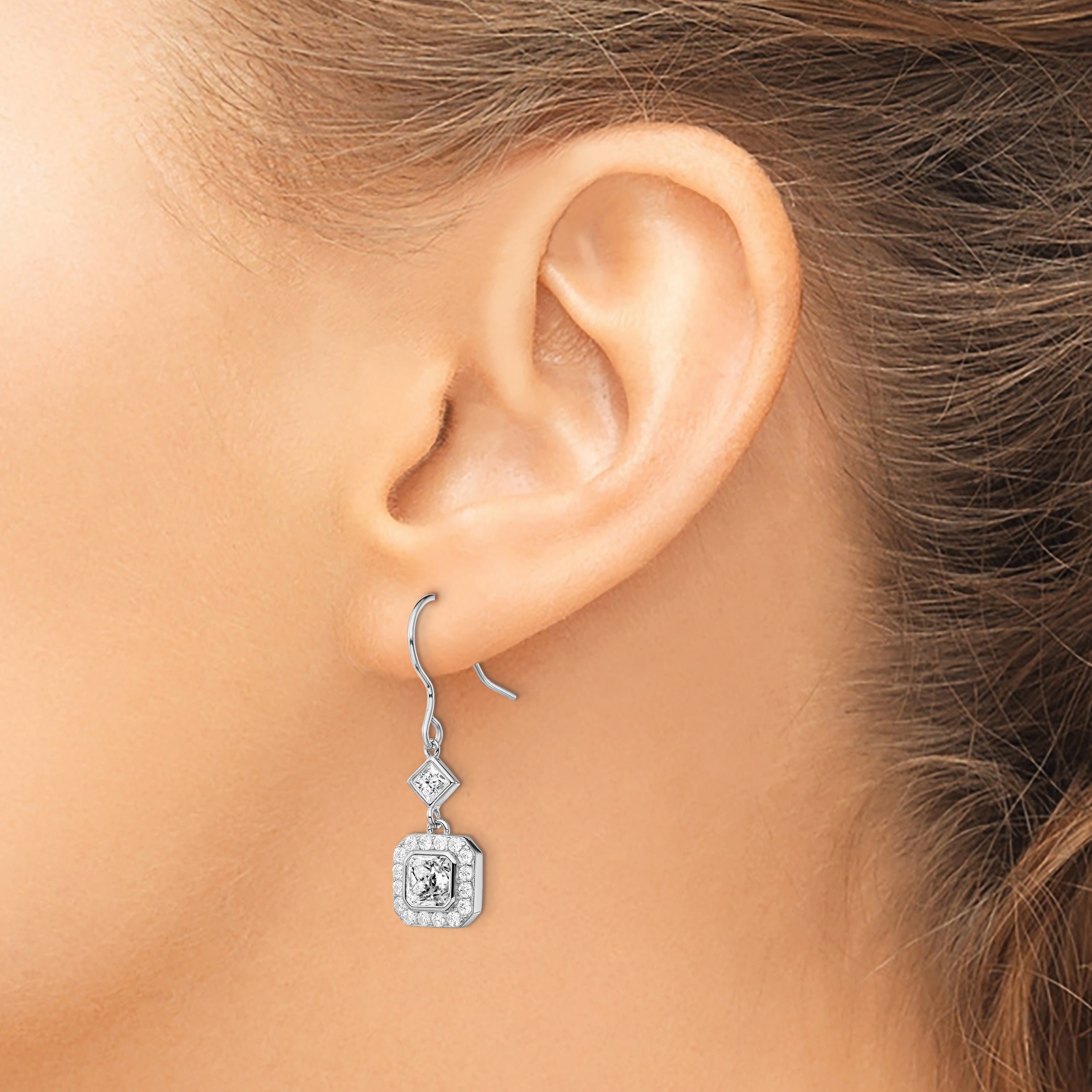 Sterling Silver Rhodium-plated Polished Square CZ Halo Dangle Earrings