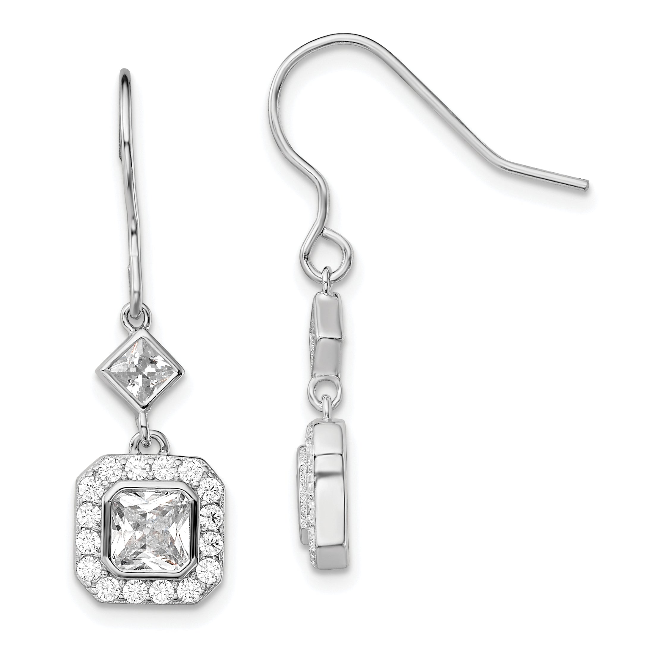 Sterling Silver Rhodium-plated Polished Square CZ Halo Dangle Earrings