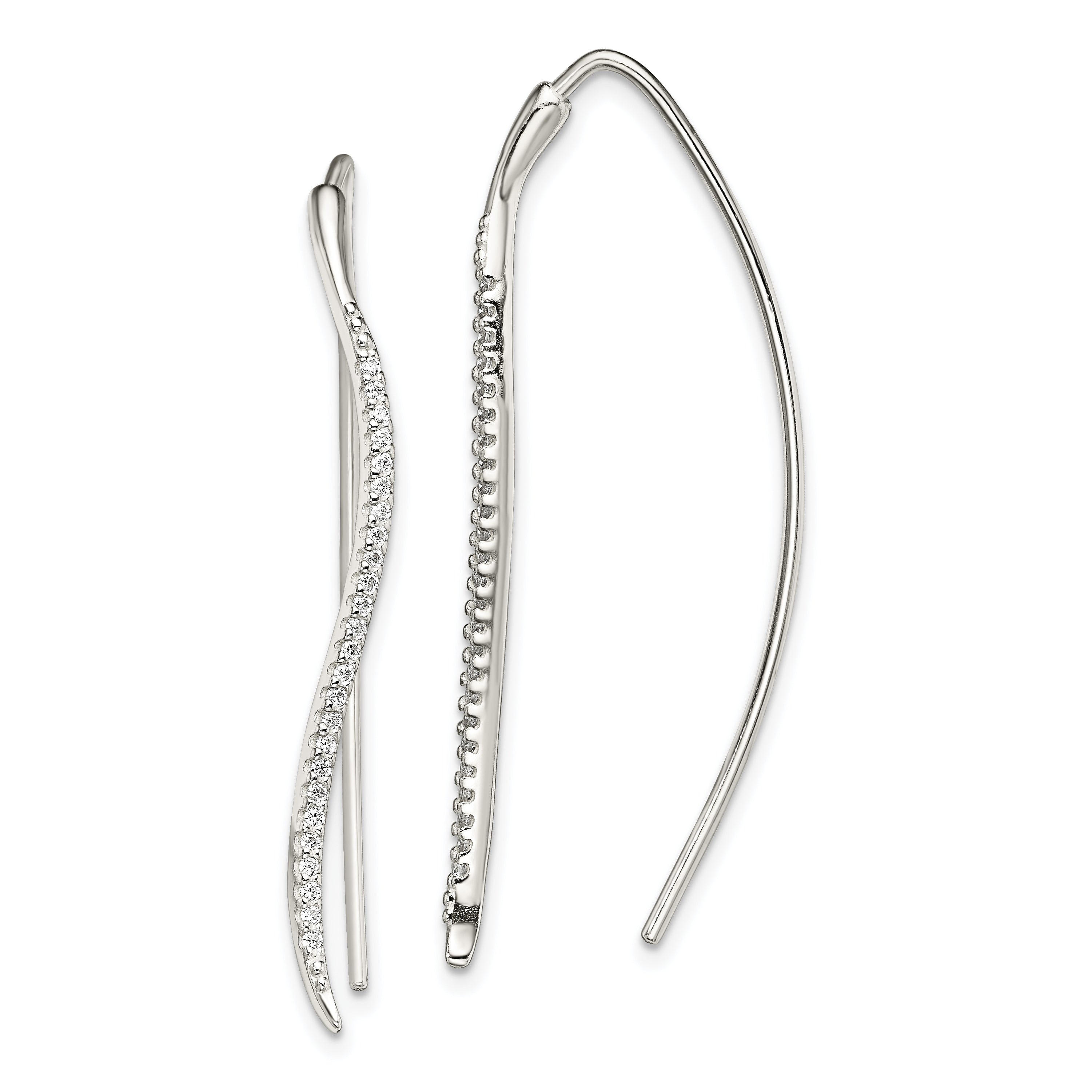 Sterling Silver Polished CZ Curved Bar Threader Earrings