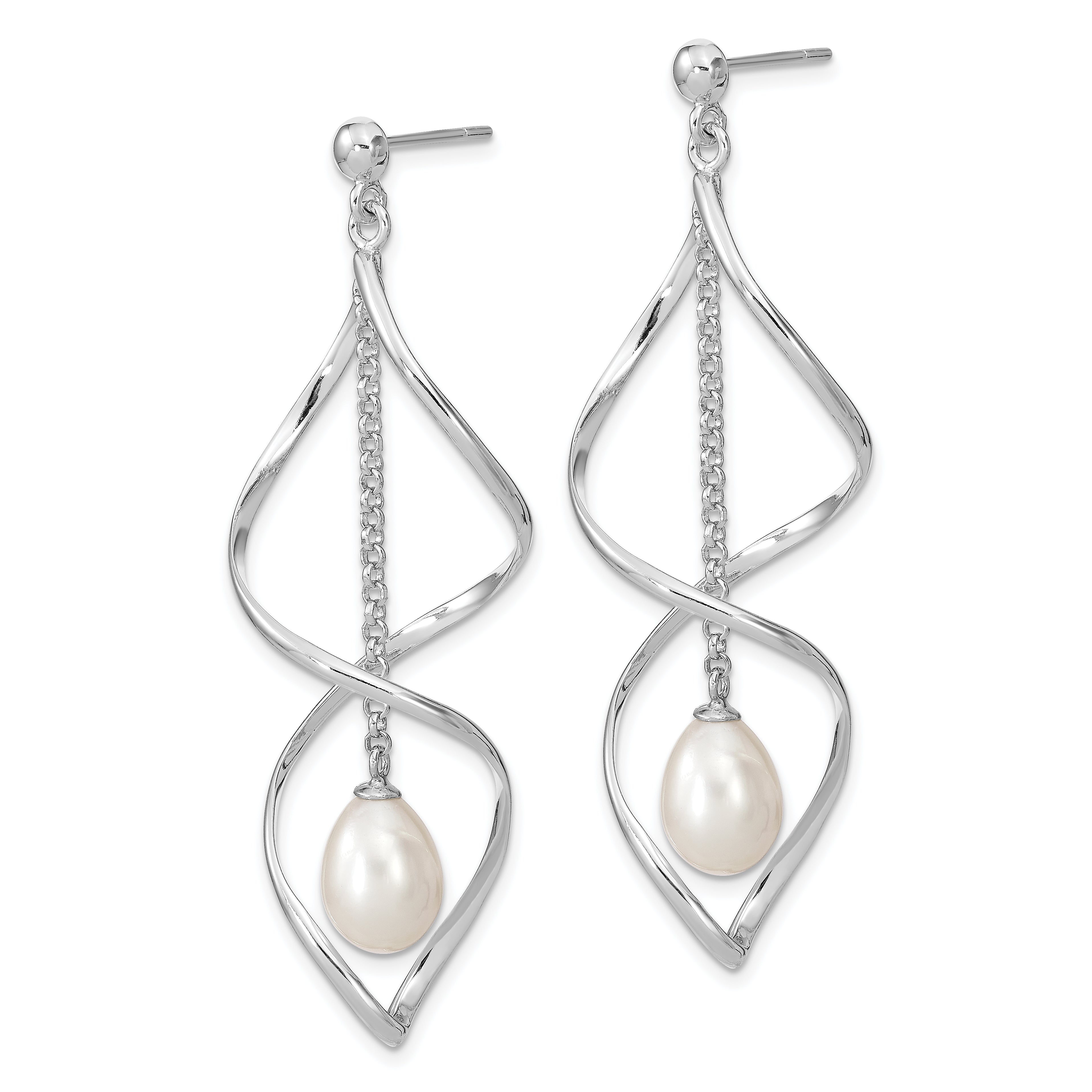 Sterling Silver Rhodium-plated 7-8mm White Rice Freshwater Cultured Pearl Post Dangle Earring