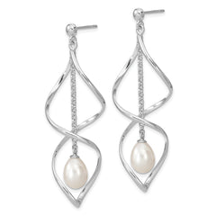 Sterling Silver Rhodium-plated 7-8mm White Rice Freshwater Cultured Pearl Post Dangle Earring