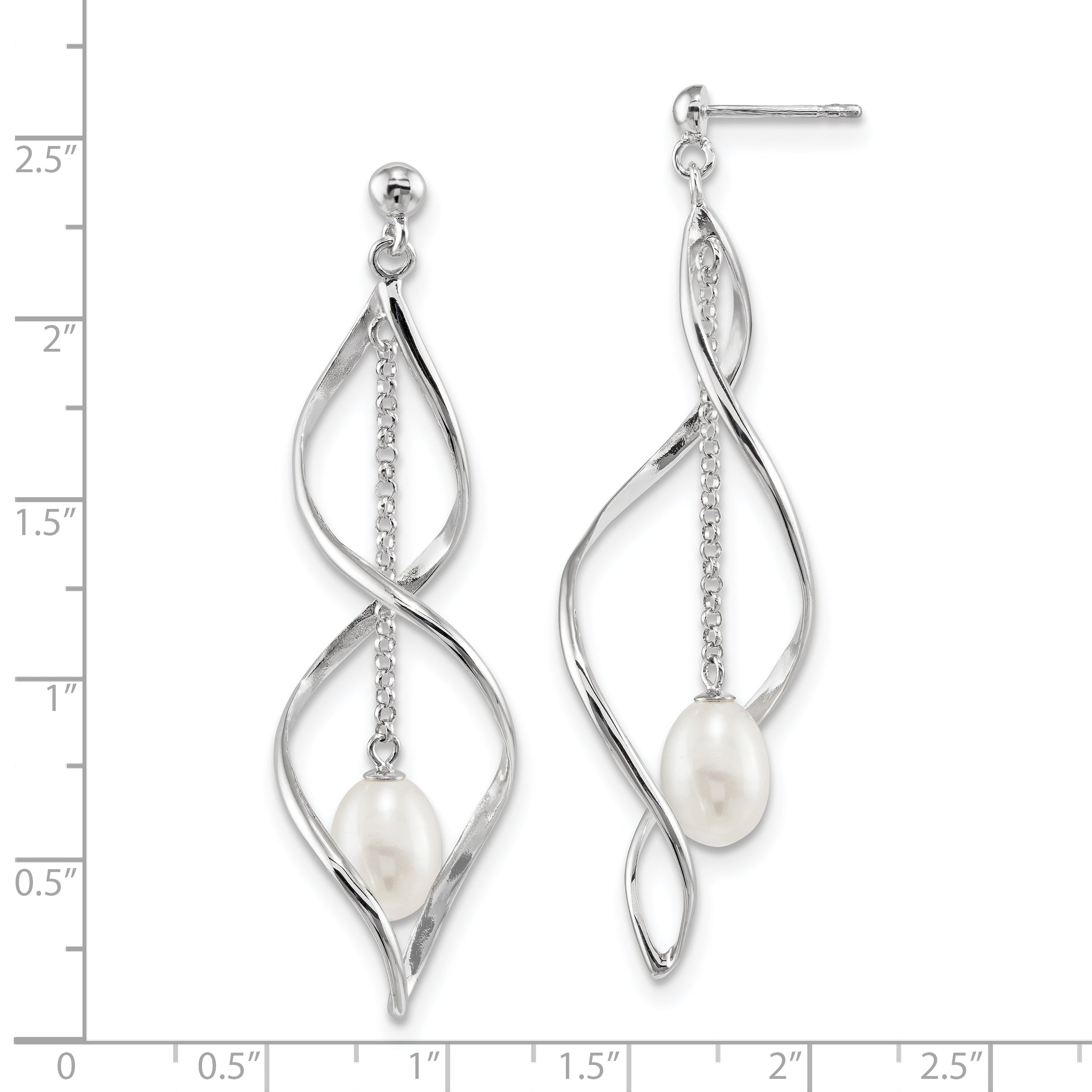 Sterling Silver Rhodium-plated 7-8mm White Rice Freshwater Cultured Pearl Post Dangle Earring