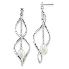 Sterling Silver Rhodium-plated 7-8mm White Rice Freshwater Cultured Pearl Post Dangle Earring