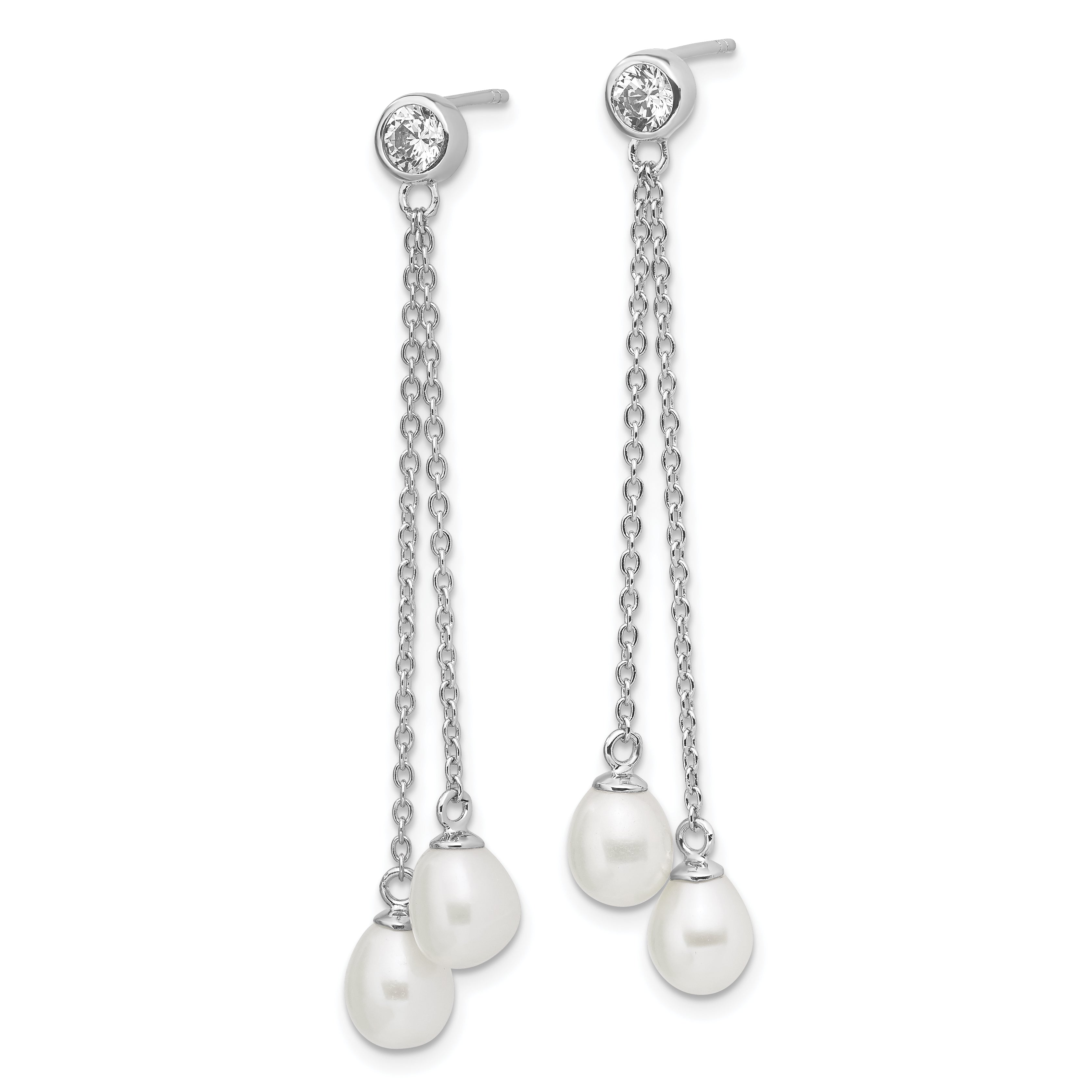 Sterling Silver Rhodium-plated 6-7mm Rice FWC Pearl CZ Post Dangle Earrings