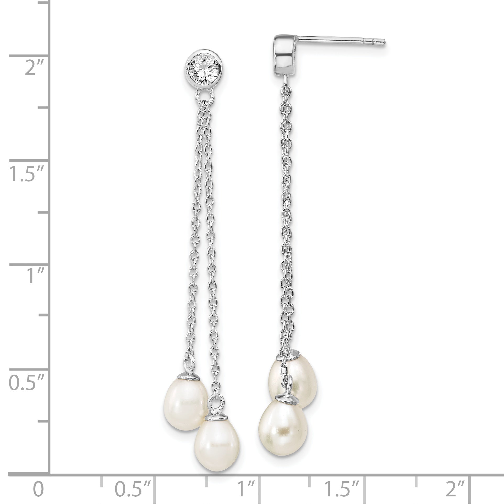 Sterling Silver Rhodium-plated 6-7mm Rice FWC Pearl CZ Post Dangle Earrings