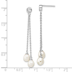 Sterling Silver Rhodium-plated 6-7mm Rice FWC Pearl CZ Post Dangle Earrings