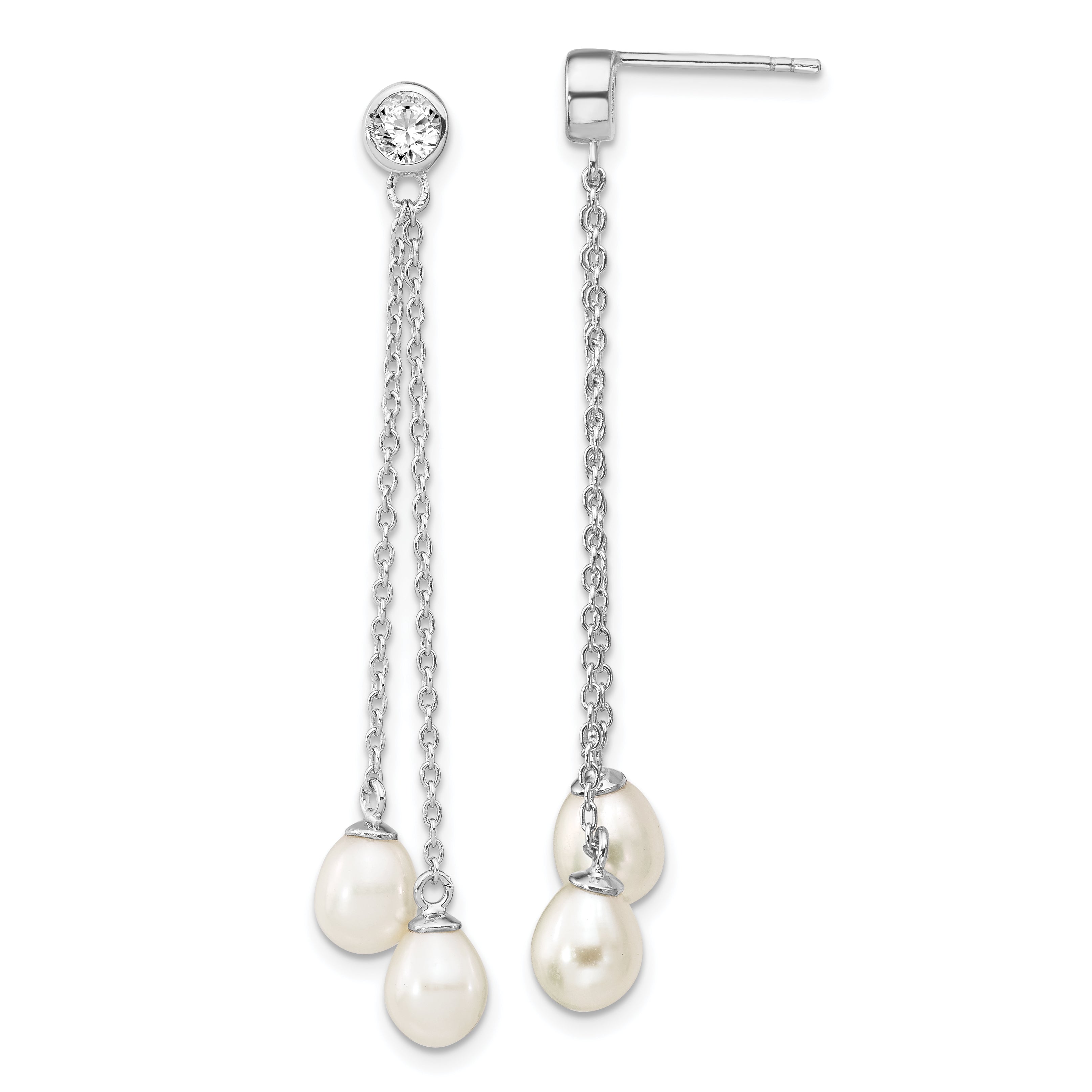 Sterling Silver Rhodium-plated 6-7mm Rice FWC Pearl CZ Post Dangle Earrings