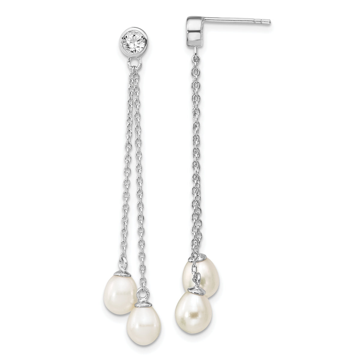 Sterling Silver Rhodium-plated 6-7mm Rice FWC Pearl CZ Post Dangle Earrings