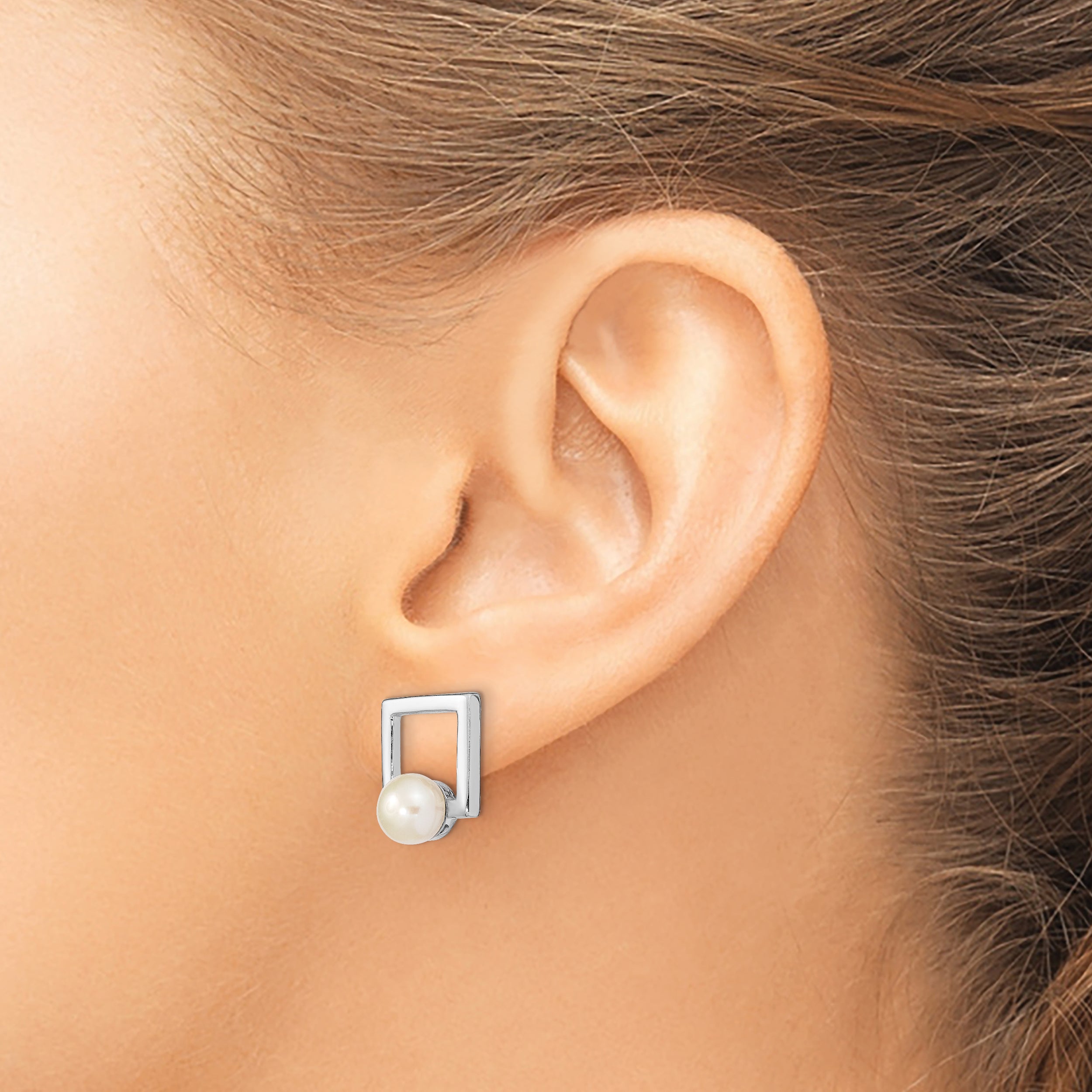 Sterling Silver Rhodium-plated 6-7mm Button FWC Pearl Square Post Earrings