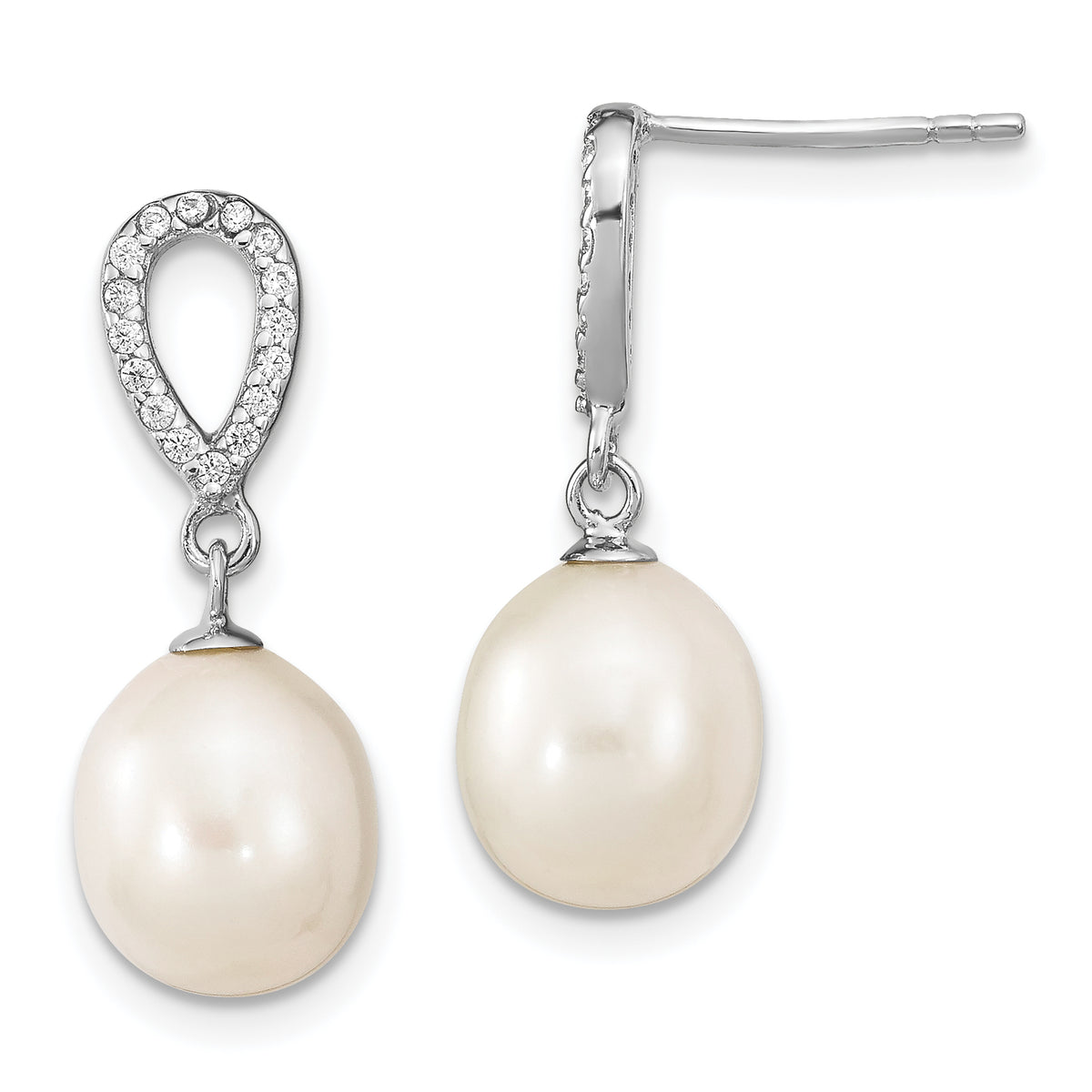 Sterling Silver Rhodium-plated 8-9mm Rice FWC Pearl CZ Post Dangle Earrings