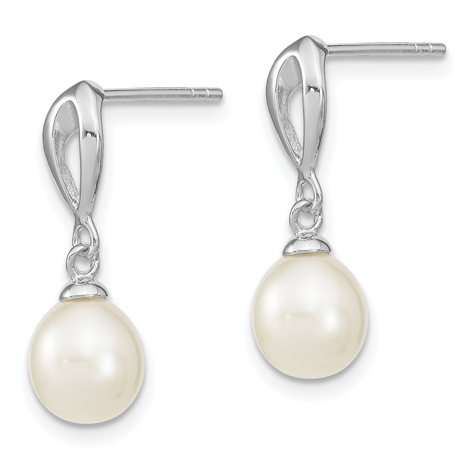 Sterling Silver Rhodium-plated 7-8mm White FWC Pearl Post Dangle Earrings