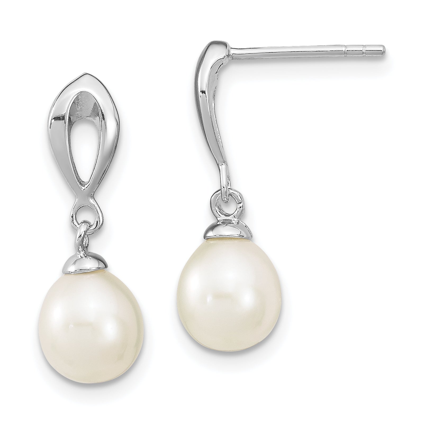 Sterling Silver Rhodium-plated 7-8mm White FWC Pearl Post Dangle Earrings