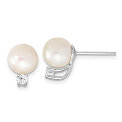 Sterling Silver Rhodium-plated 8-9mm White Round FWC Pearl CZ Post Earrings