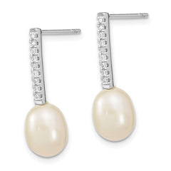 Sterling Silver Rhodium-plated 8-9mm Rice FWC Pearl CZ Post Dangle Earrings