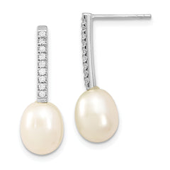 Sterling Silver Rhodium-plated 8-9mm Rice FWC Pearl CZ Post Dangle Earrings