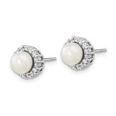 Sterling Silver Rhodium-plated CZ  Synthetic Pearl Post Earrings