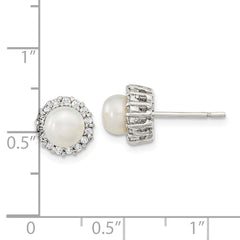 Sterling Silver Rhodium-plated CZ  Synthetic Pearl Post Earrings