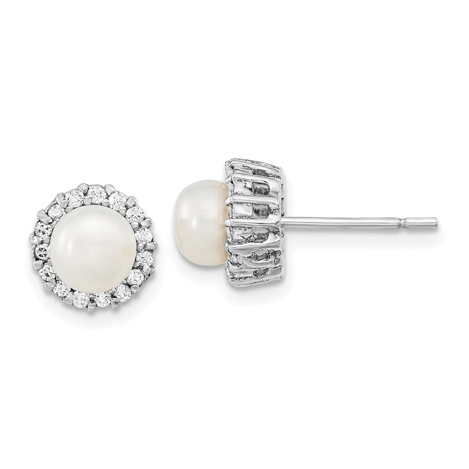 Sterling Silver Rhodium-plated CZ  Synthetic Pearl Post Earrings