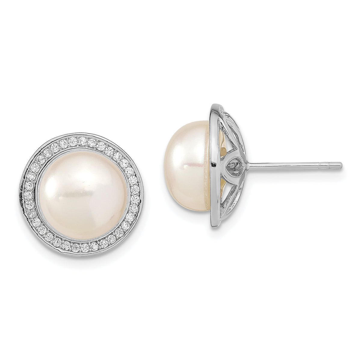 Sterling Silver RH 10-11mm Button FWC Pearl CZ Post Earrings