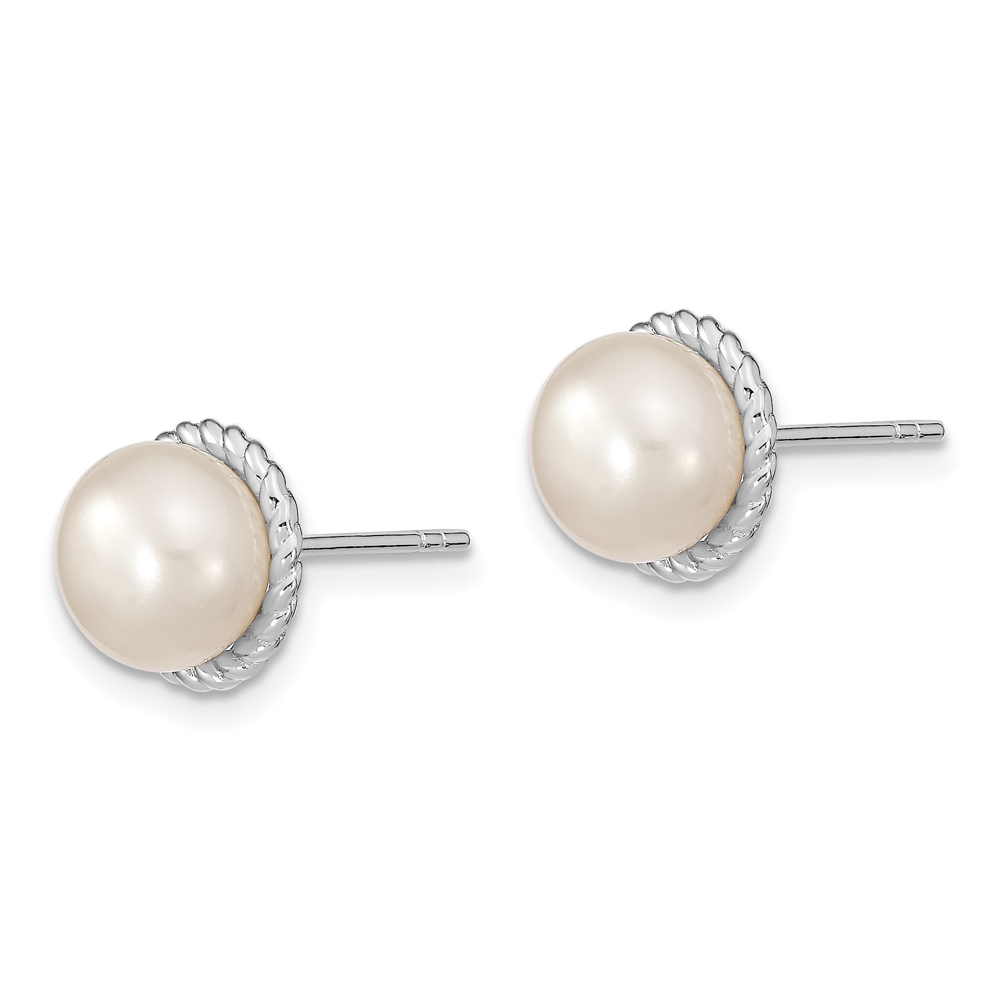 Sterling Silver RH 8-9mm White Button FWC Pearl Post Earrings