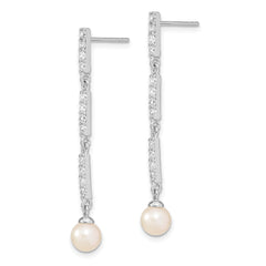 Sterling Silver Rhodium-plated 6-7mm Rice FWC Pearl CZ Post Dangle Earrings