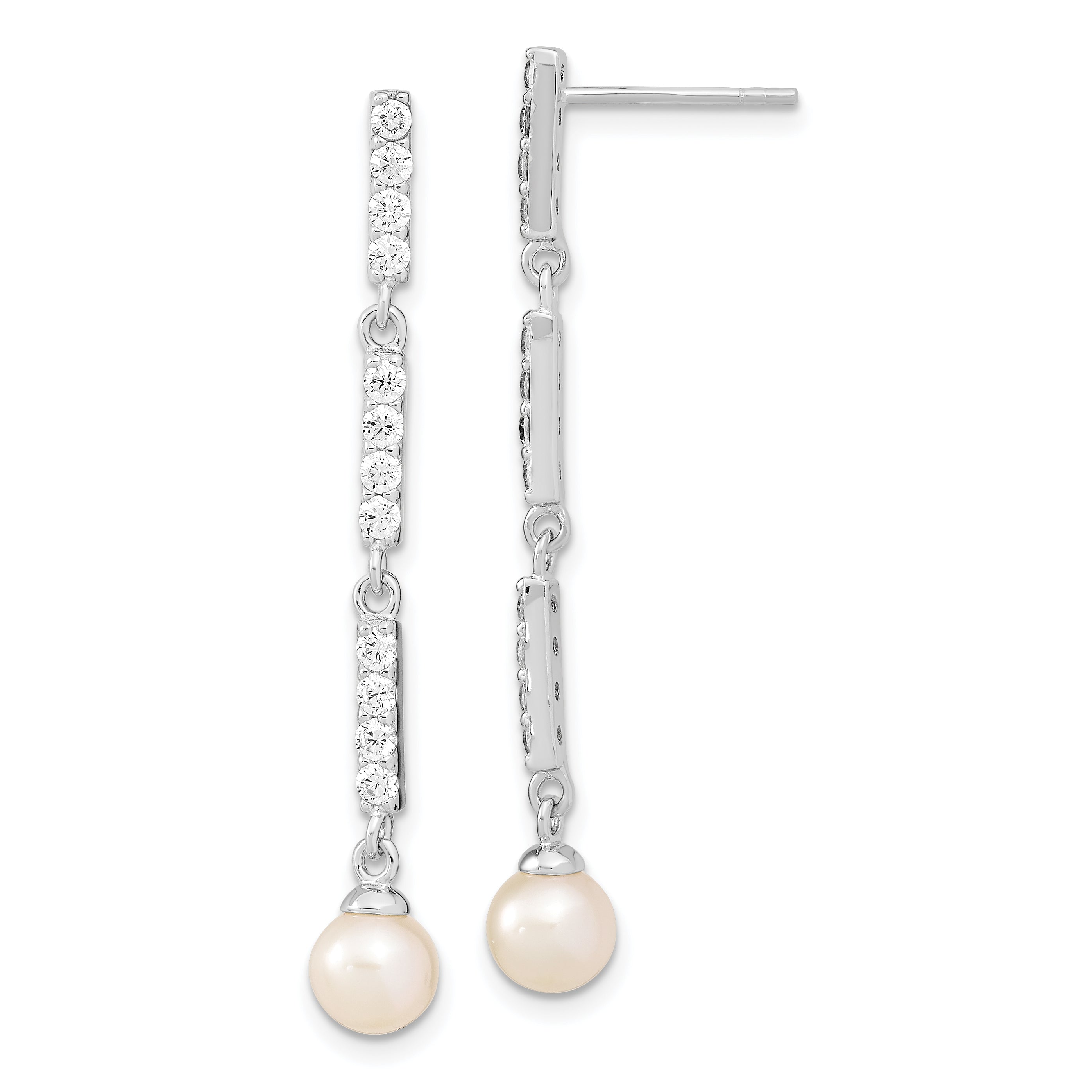 Sterling Silver Rhodium-plated 6-7mm Rice FWC Pearl CZ Post Dangle Earrings