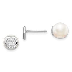 Sterling Silver Rhodium-plated Polished White 8-9mm Imititation Shell Pearl & CZ Hexagon Reversible Post Earrings