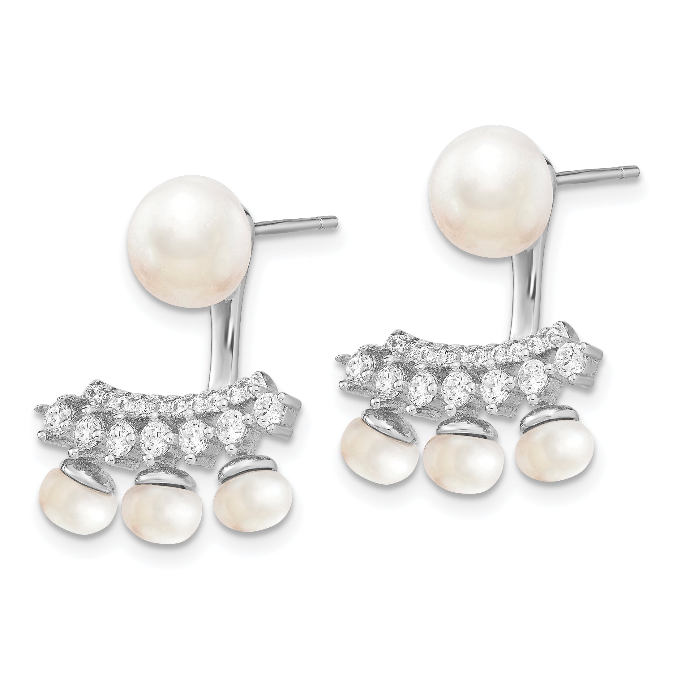 Sterling Silver Rhodium-plated Polished Fancy White 5-8mm Freshwater Cultured Pearl & CZ with Jacket Post Earrings