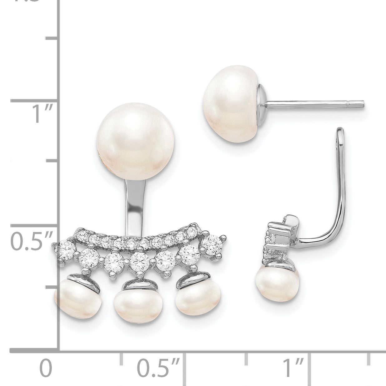 Sterling Silver Rhodium-plated Polished Fancy White 5-8mm Freshwater Cultured Pearl & CZ with Jacket Post Earrings