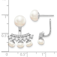 Sterling Silver Rhodium-plated Polished Fancy White 5-8mm Freshwater Cultured Pearl & CZ with Jacket Post Earrings