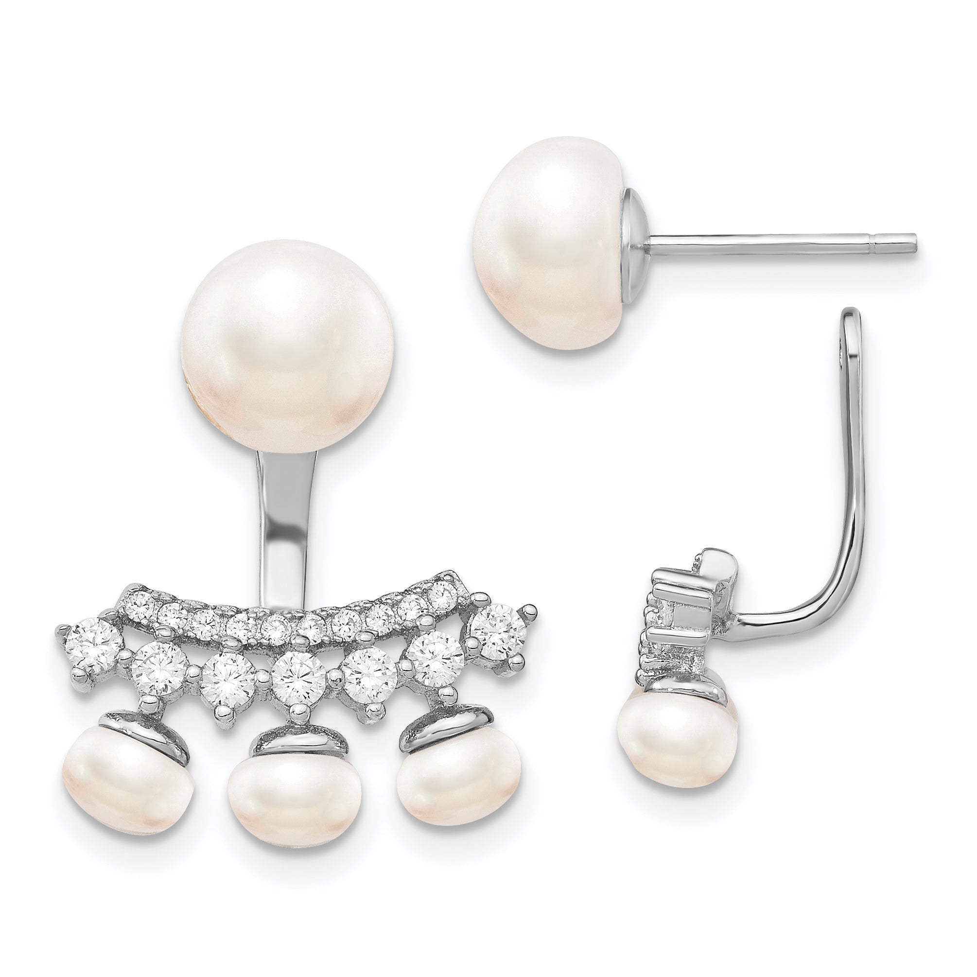 Sterling Silver Rhodium-plated Polished Fancy White 5-8mm Freshwater Cultured Pearl & CZ with Jacket Post Earrings