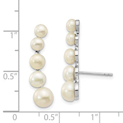 Sterling Silver Rhodium-plated Polished White 4-6mm Button Freshwater Cultured Pearl Post Ear Climber Earrings