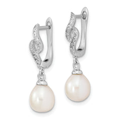 Sterling Silver Rhodium-plated 7-8mm Teardrop FWC Pearl CZ Dangle Earrings