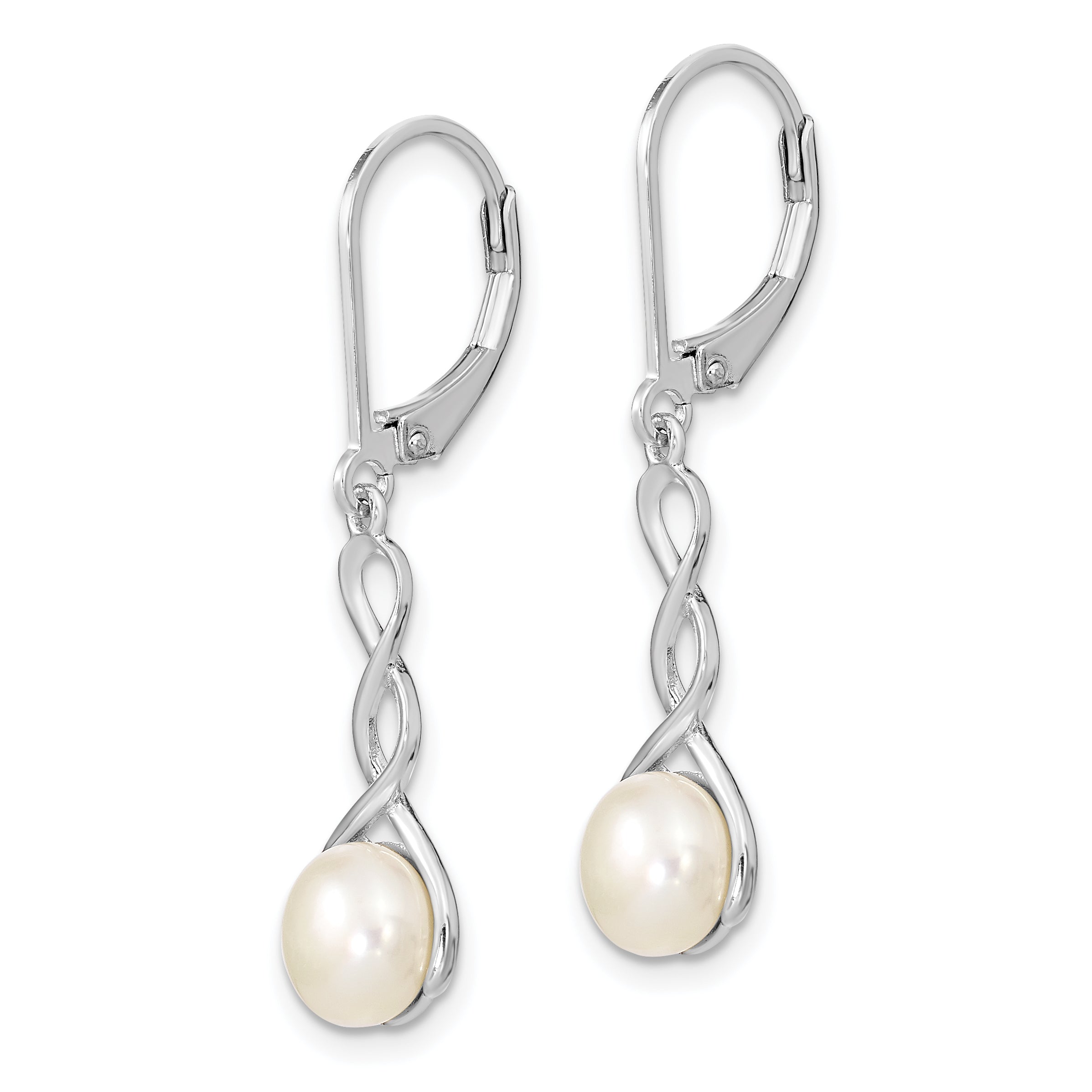 Sterling Silver Rhodium-plated Polished White 7-8mm Button Freshwater Cultured Pearl Twisted Leverback Dangle Earrings