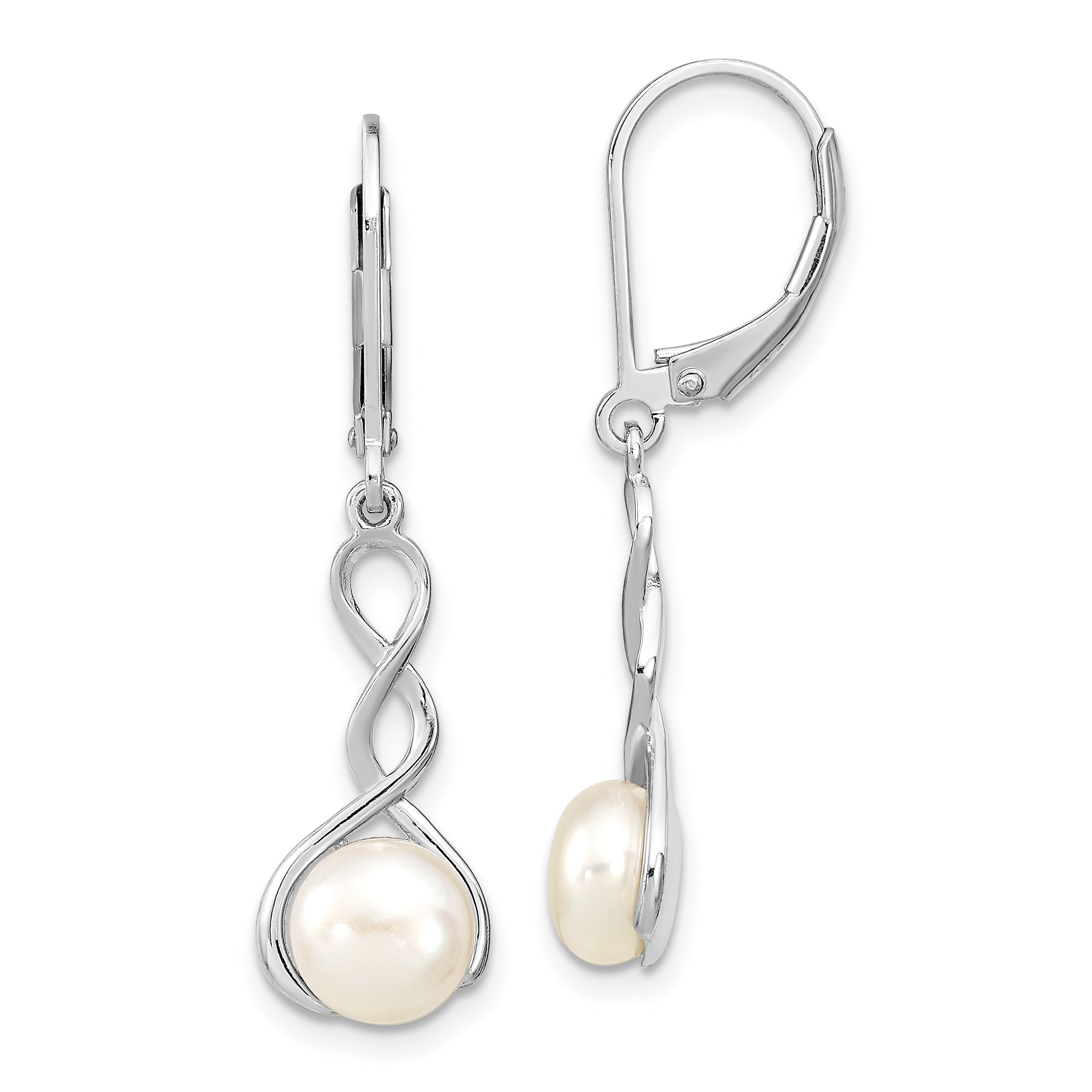 Sterling Silver Rhodium-plated Polished White 7-8mm Button Freshwater Cultured Pearl Twisted Leverback Dangle Earrings