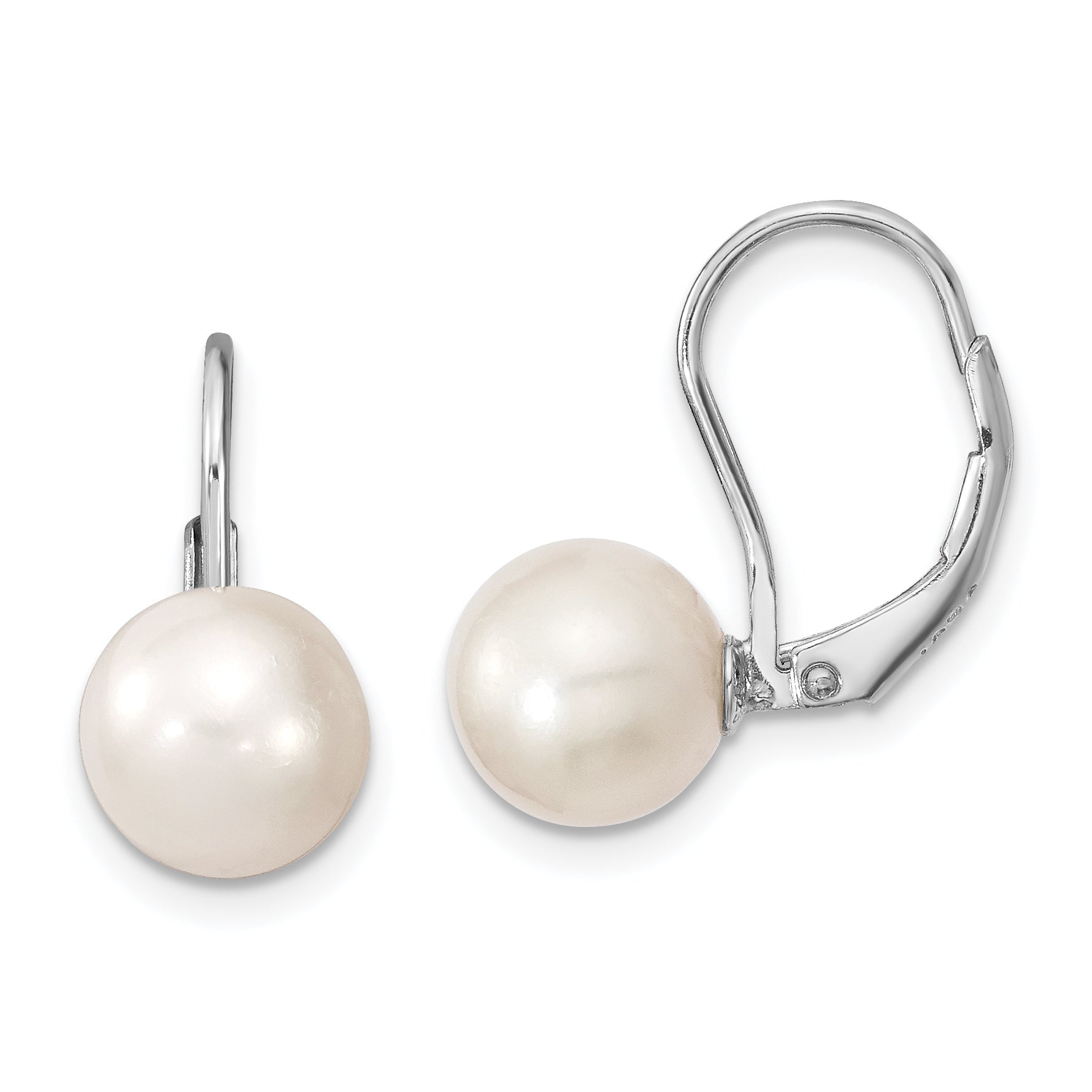 Sterling Silver Rhodium-plated Polished White 8-9mm Round Freshwater Cultured Pearl Leverback Dangle Earrings