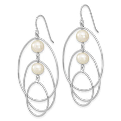 Sterling Silver Rhodium-plated Polished White 8-9mm Freshwater Cultured Pearl Triple Circle Dangle Earrings