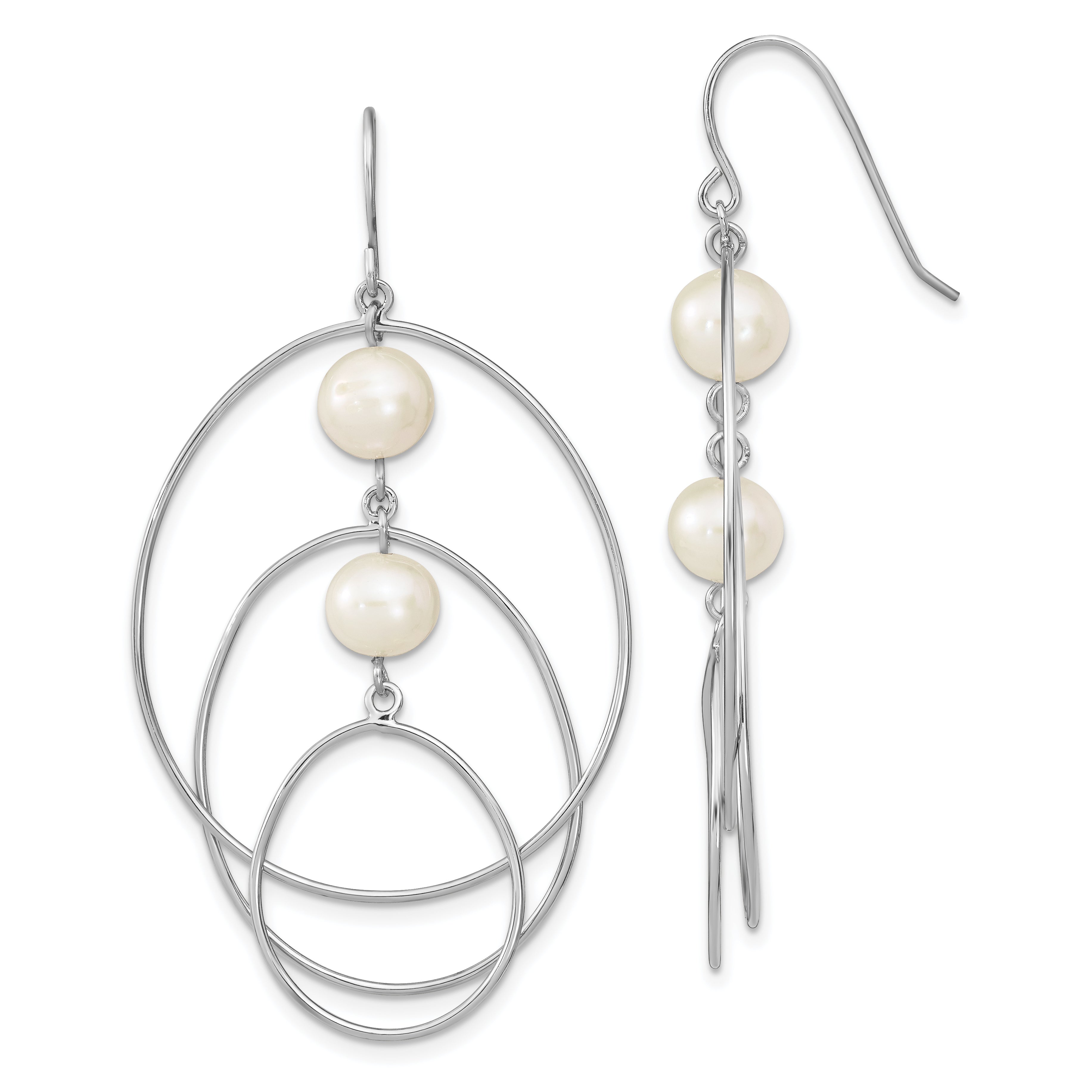 Sterling Silver Rhodium-plated Polished White 8-9mm Freshwater Cultured Pearl Triple Circle Dangle Earrings