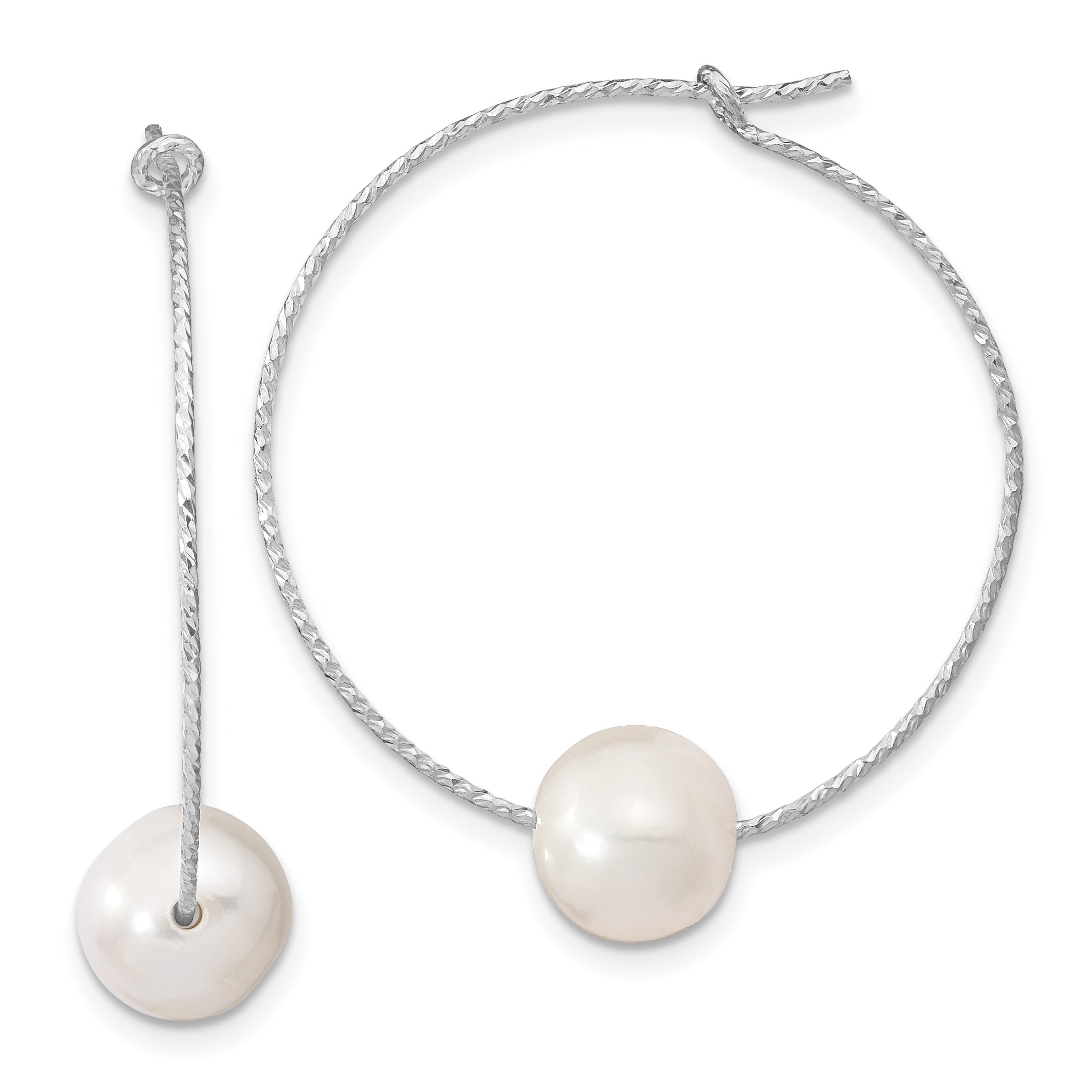 Sterling Silver Rhodium-plated 8-9mm White Round FWC Pearl Hoop Earrings