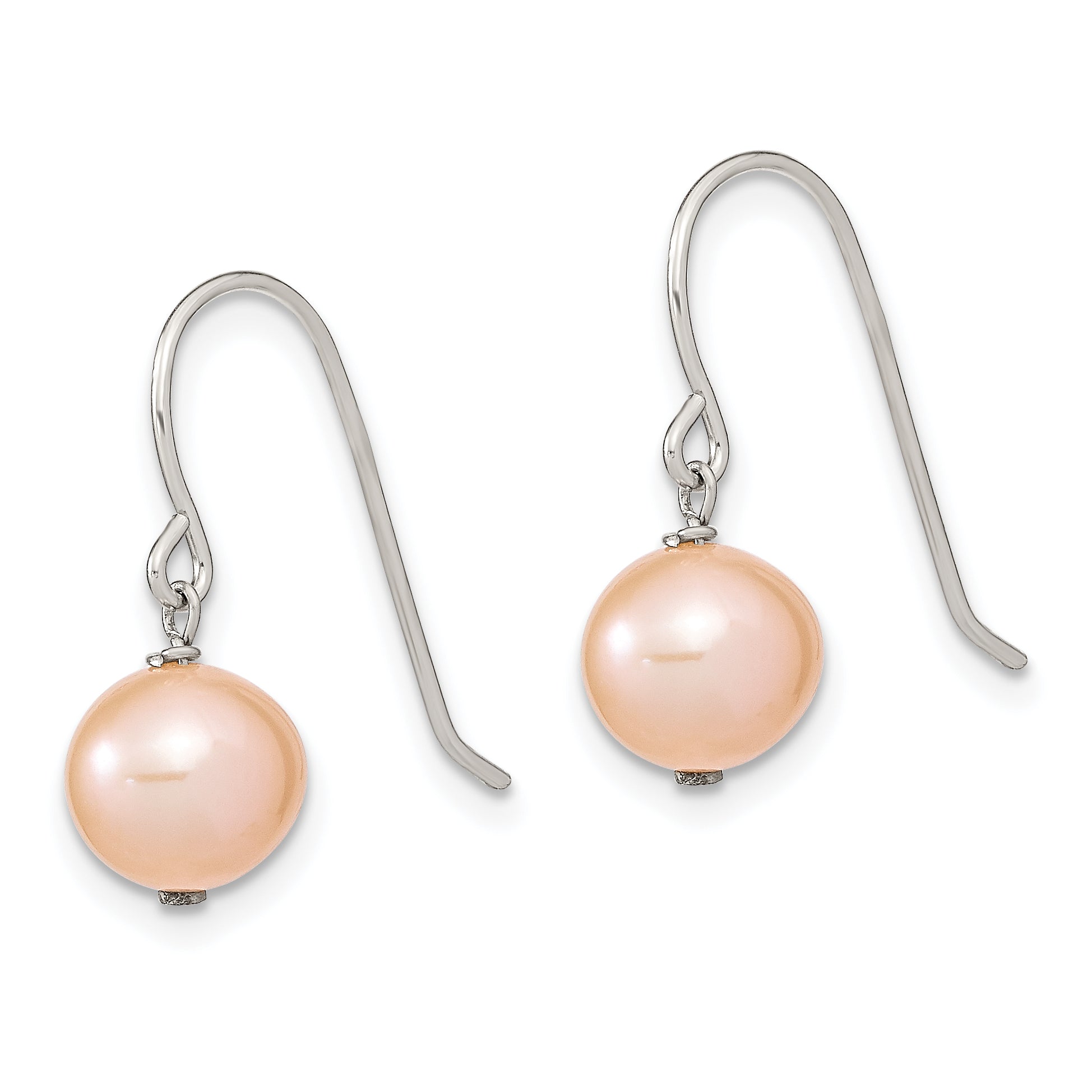 Sterling Silver Rhodium-plated Polished Pink 7-8mm Freshwater Cultured Pearl Dangle Earrings