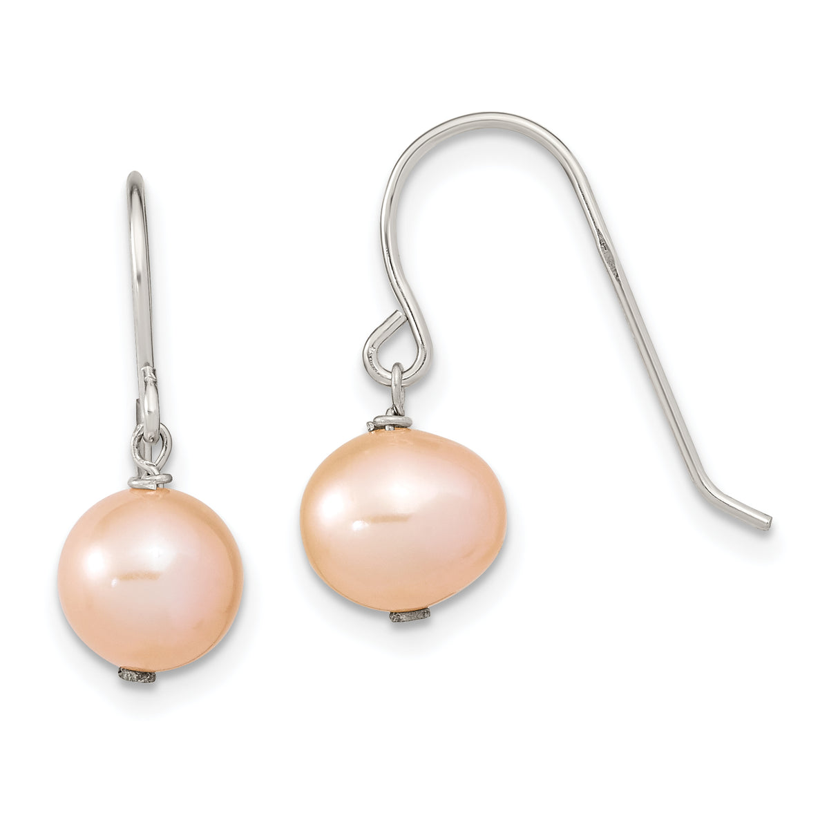 Sterling Silver Rhodium-plated Polished Pink 7-8mm Freshwater Cultured Pearl Dangle Earrings